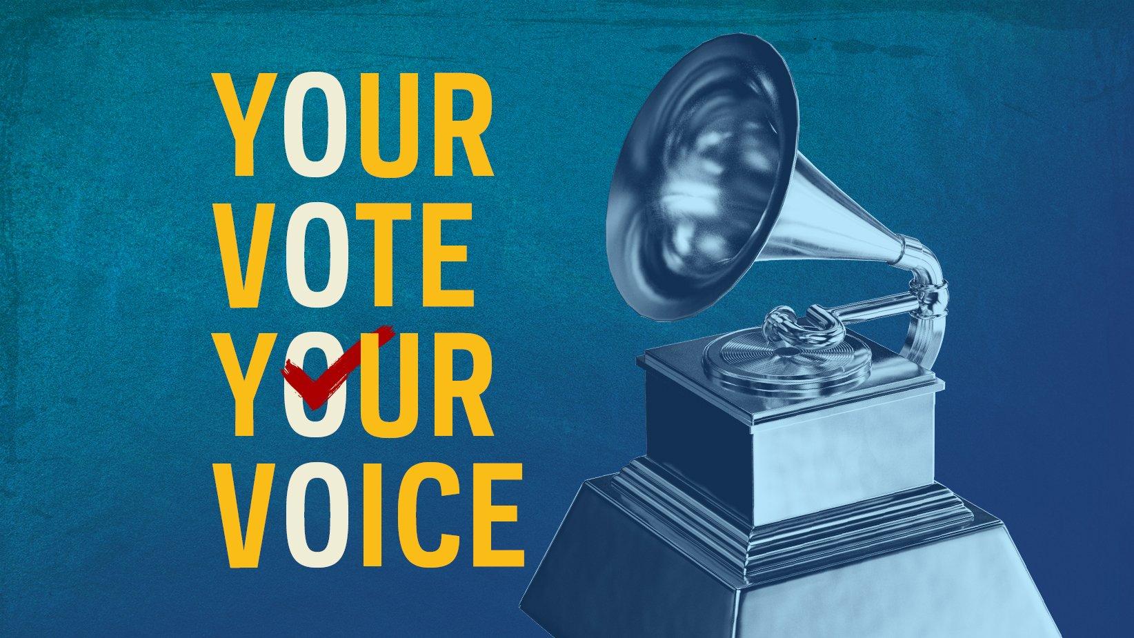 A graphic featuring a GRAMMY Award statue and promoting First Round Voting for the 2024 GRAMMYs.